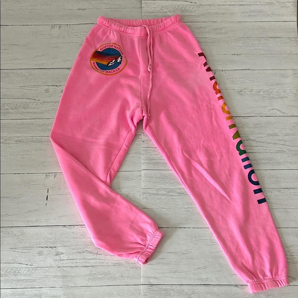 Aviator Nation Pink Joggers with Rainbow Lettering
